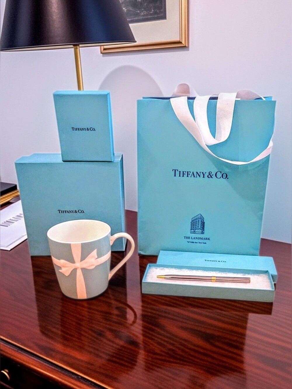 TIFFANY & CO. COLLECTOR'S BUNDLE Vintage Pen, Repaired Porcelain Mug, Boxes,Bag